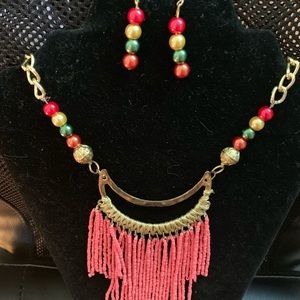 Coral Seed Bead Gold Necklace Earrings Set